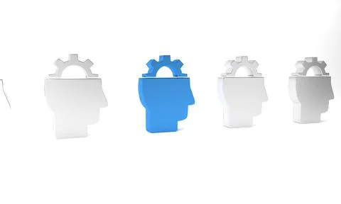 Blue Human with gear inside icon isolated on white background. Artificial i.. Stock Illustration