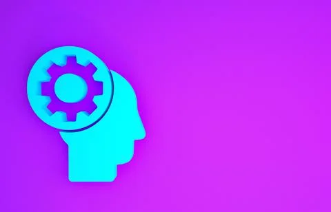 Blue Human head with gear inside icon isolated on purple background. Artifici Stock Illustration