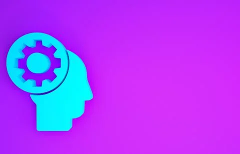 Blue Human head with gear inside icon isolated on purple background. Artifici Illustrazione stock