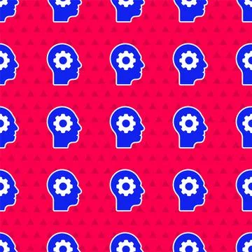 Blue Human head with gear inside icon isolated seamless pattern on red Illustrazione stock