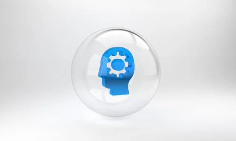 Blue Human head with gear inside icon isolated on grey background. Artificial Stock Illustration