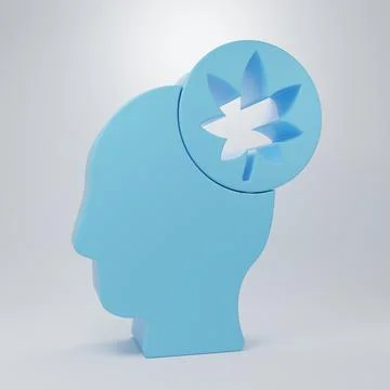 Blue Human head with leaf icon isolated on grey background. Minimalism conc.. Stock Illustration