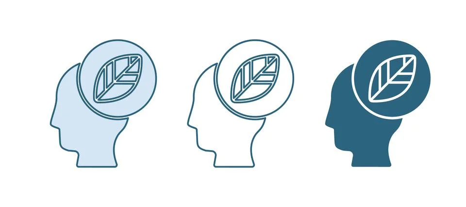 Blue Human head with leaf inside icon isolated on white background.  Vector Stock Illustration