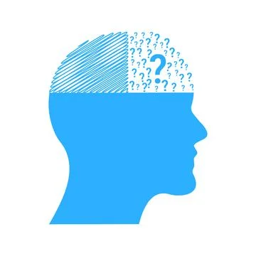 Blue human head profile with half question marks and half scribble brain Stock Illustration