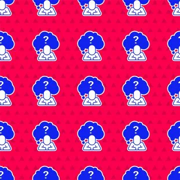Blue Human head with question mark icon isolated seamless pattern on red Stock Illustration