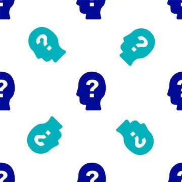Blue Human head with question mark icon isolated seamless pattern on white Stock Illustration