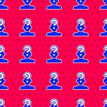 Blue Human head with question mark icon isolated seamless pattern on red 스톡 일러스트