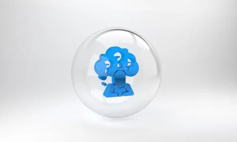 Blue Human head with question mark icon isolated on grey background. Glass ci Illustrazione stock