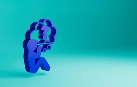 Blue Human head with question mark icon isolated on blue background. Minimalism 스톡 일러스트