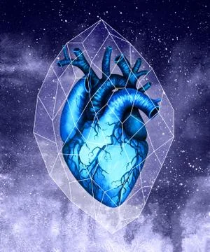 Blue human heart on space background. Watercolor hand drawn illustration. Stock Illustration
