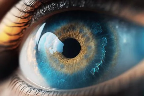 Blue human one macro eye closeup with focus on eyeball and eyelash. Stock Illustration