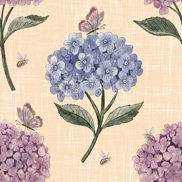 Blue Hydrangea Pattern with Bees and Butterflies on Linen. Seamless botanical Stock Illustration