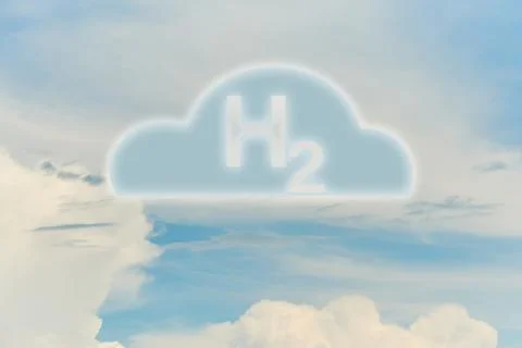 Blue Hydrogen H2 cloud icon drawn high up in the sky on the clouds Stock Photos