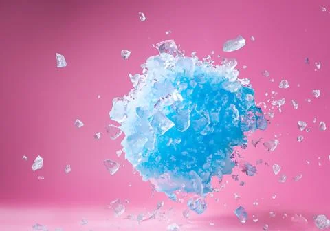 Blue ice block exploding into shards on pink pastel background Stock Photos