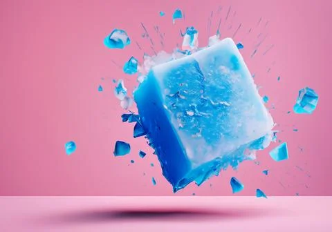 Blue ice block exploding into shards on pink pastel background Stock Photos
