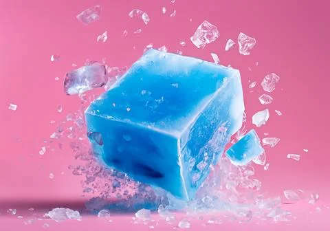 Blue ice block exploding into shards on pink pastel background Stock Photos
