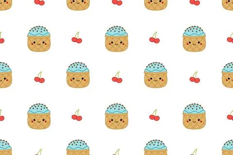 Blue ice cream with cherry on seamless pattern. Squishmallow. Ice cream. Kawaii Stockillustratie