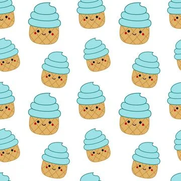 Blue ice cream on seamless pattern. Squishmallow. Ice cream. Kawaii, Vector Stock Illustration