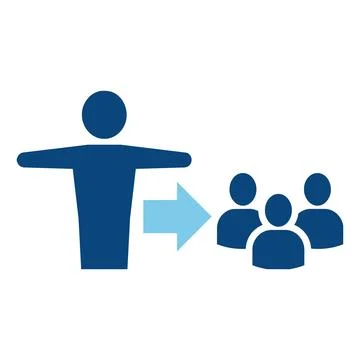 A blue icon of a person gesturing towards three other people with a light b.. Stock Illustration