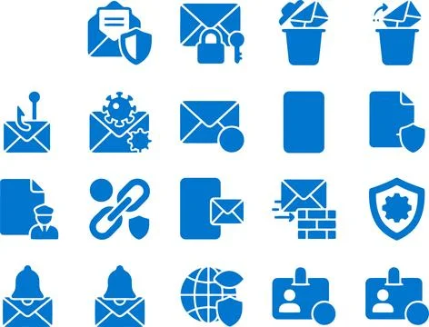 Blue Icon Set Featuring Email Security Cybersecurity and Digital Communicat.. Illustrazione stock