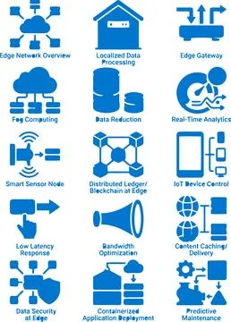 Blue Icon Set Illustrating Various Concepts of Edge Computing and Data Mana.. Stockillustratie