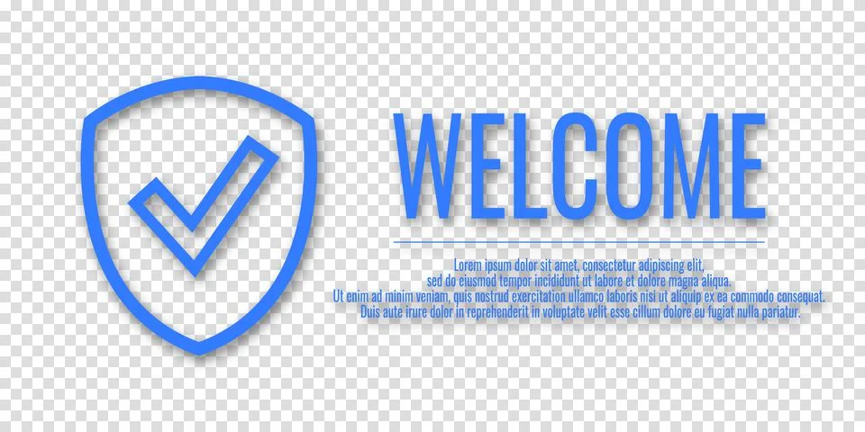 Blue icon of a shield and a check mark with the text Welcome. Information pro Stock Illustration