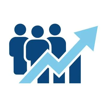 Blue icon of three people with a light blue arrow pointing upwards vector Stock Illustration