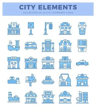 Blue icons of city elements on white Stock Illustration