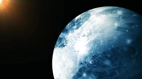 Blue icy planet in space with bright sunlight and a dark starry background Stock Footage 340382829