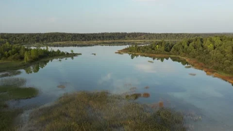Blue idyllic forest lake with reflection of clouds in it general aerial view Stock Footage 207455750