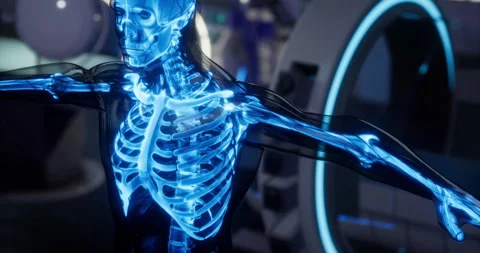 Blue illuminated human skeleton highlighting bone structure Stock Footage 304504147