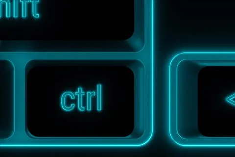Blue illuminated keyboard Ctrl control key closeup Illustrazione stock