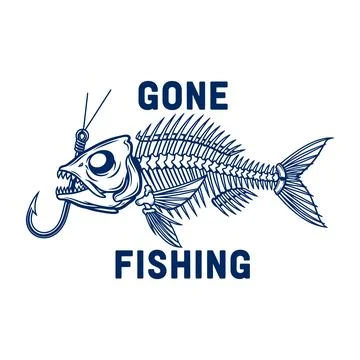 A blue illustration of a fish skeleton with a hook fishing tshirt design Stock Illustration