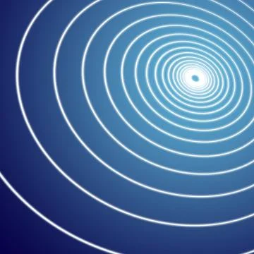 Blue illustration graphic of thin white lines spiraling into green light Stock Illustration