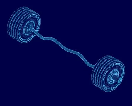 Blue image of a barbell with a blue background. The barbell is shown in a 3D, Stock Illustration