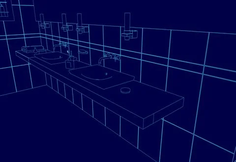 Blue image of a bathroom with a sink and a toilet. The sink is in the middle of Stock Illustration