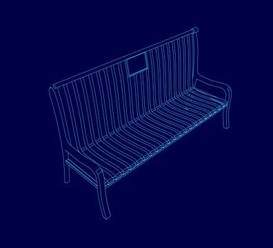 Blue image of a bench with a sticker on the back. The bench is shown in a blue Ilustración de archivo