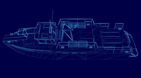 Blue image of a boat with a blue background. The boat is shown in a 3D format, Stock Illustration