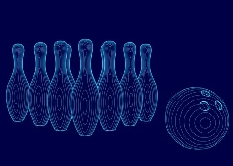 Blue image of a bowling ball and a set of bowling pins. The bowling pins are 스톡 일러스트