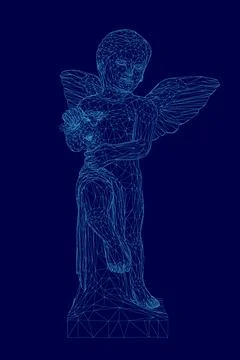 Blue image of a boy with wings. The angel is standing on a blue background Stock Illustration