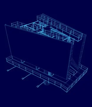 Blue image of a building with a large screen on the side. The image is in a blue Stock Illustration