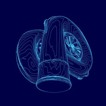 Blue image of a car engine with a blue background. The engine is shown in a 3D 库存插图