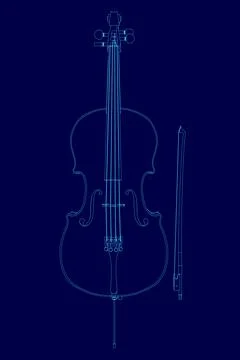 Blue image of a cello with a blue outline. The cello is shown in a stylized way, Stock Illustration