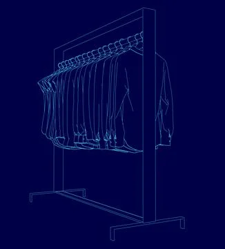 Blue image of a clothes rack with clothes hanging on it. The clothes are all Stock Illustration