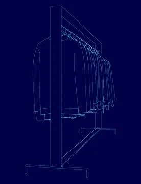 Blue image of a clothes rack with clothes hanging on it. Concept of organization Ilustración de archivo