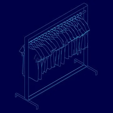 Blue image of a clothes rack with clothes hanging on it. The clothes are all Stock Illustration
