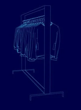 Blue image of a clothes rack with clothes hanging on it. The clothes are all Stockillustratie