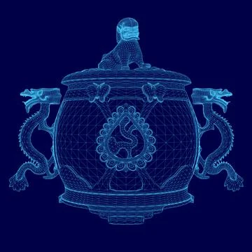 Blue image of a cup with a dragon on it. The cup is made of metal and has a Stock Illustration