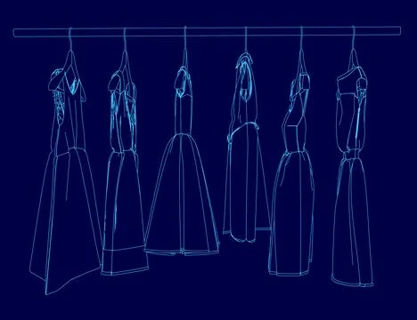 Blue image of dresses hanging on a rack. The dresses are all different styles Stock Illustration