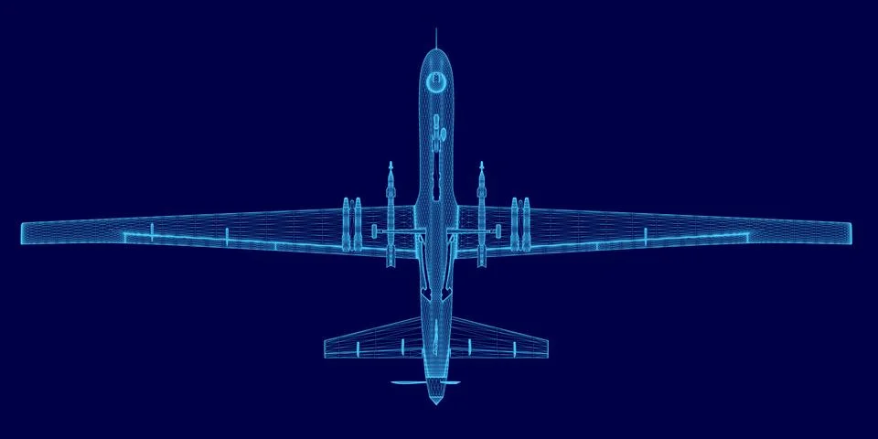 Blue image of a drone. The image is blurry and pixelated, giving it a futuristic Stock Illustration